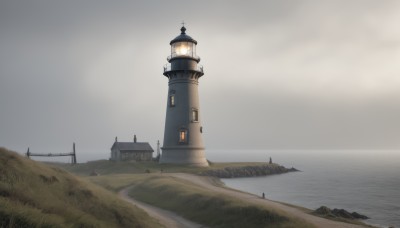 outdoors,sky,cloud,water,no humans,ocean,cloudy sky,grass,building,scenery,horizon,road,watercraft,bridge,lamppost,river,tower,fog,grey sky,lighthouse,lantern,rock,fence,house,multiple others,landscape,ambiguous gender,shore,path