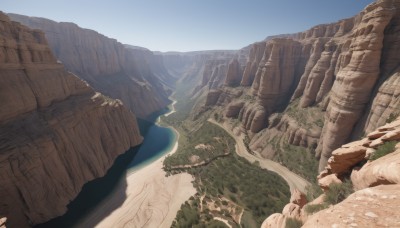 outdoors,sky,day,water,tree,blue sky,dutch angle,no humans,shadow,nature,scenery,forest,rock,mountain,sand,river,landscape,desert,cliff,signature,fantasy,waterfall,shore,cave