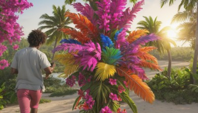 solo,short hair,brown hair,shirt,1boy,holding,white shirt,flower,short sleeves,male focus,outdoors,sky,shorts,day,pants,dark skin,from behind,tree,leaf,beach,sunlight,dark-skinned male,plant,t-shirt,scenery,pink flower,walking,palm tree,sun,facing away,bush,pink shorts,1girl,black hair,nature,sunset,road