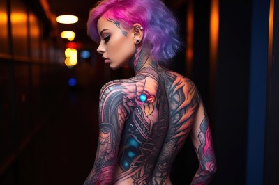 1girl,solo,short hair,jewelry,closed mouth,closed eyes,upper body,pink hair,purple hair,nude,multicolored hair,earrings,looking back,from behind,blurry,lips,tattoo,makeup,blurry background,back,piercing,ear piercing,eyeshadow,nose,arm tattoo,undercut,cyberpunk,neck tattoo,back tattoo,nose piercing,full-body tattoo,topless,eyebrow piercing