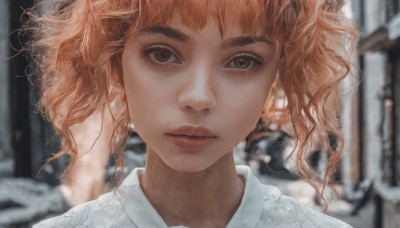 1girl,solo,looking at viewer,short hair,bangs,brown hair,brown eyes,closed mouth,outdoors,orange hair,blurry,lips,eyelashes,depth of field,blurry background,wavy hair,expressionless,thick eyebrows,portrait,snow,close-up,freckles,curly hair,realistic,nose,winter,straight-on,shirt,white shirt,collared shirt