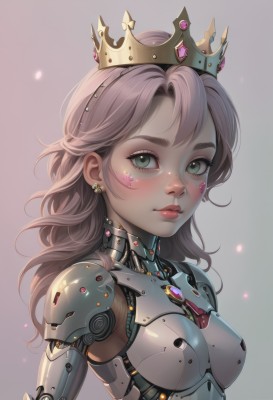 1girl,solo,long hair,breasts,looking at viewer,blush,bangs,simple background,brown hair,jewelry,medium breasts,closed mouth,green eyes,upper body,pink hair,earrings,small breasts,artist name,grey background,armor,lips,eyelashes,makeup,crown,gem,freckles,science fiction,pink lips,nose,android,mechanical arms,cyborg,single mechanical arm,robot joints,signature,from side,gradient,gradient background,glowing,facial mark,portrait,mini crown