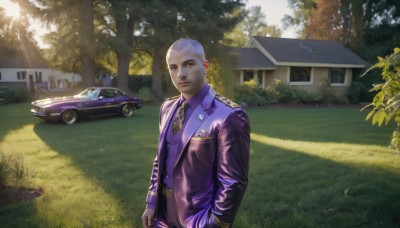 solo,looking at viewer,shirt,long sleeves,1boy,standing,jacket,male focus,outdoors,necktie,day,uniform,vest,tree,formal,sunlight,suit,grass,ground vehicle,building,nature,motor vehicle,realistic,car,road,purple jacket,bald,very short hair,house,vehicle focus,buzz cut,brown eyes,jewelry,collared shirt,belt,window,hands in pockets,purple shirt