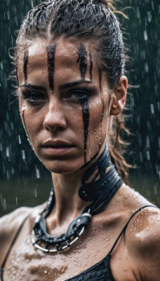 1girl,solo,long hair,looking at viewer,jewelry,upper body,ponytail,grey hair,parted lips,necklace,lips,wet,grey eyes,chain,tank top,portrait,rain,realistic,nose,wet hair,dirty,black hair,bare shoulders,scar,facial mark,close-up