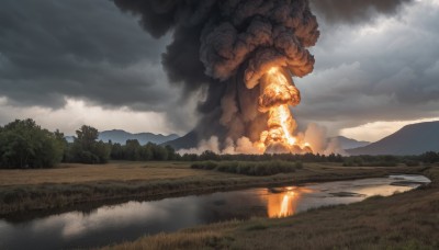 flower,outdoors,sky,day,cloud,water,tree,no humans,cloudy sky,grass,fire,nature,scenery,forest,smoke,reflection,mountain,bush,river,statue,landscape,lake,fog,road