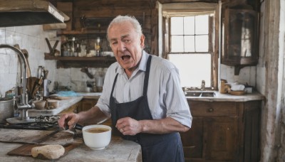 solo,short hair,open mouth,shirt,1boy,holding,white shirt,white hair,grey hair,male focus,collared shirt,indoors,apron,cup,window,facial hair,knife,beard,sleeves rolled up,mug,realistic,old,old man,cooking,kitchen,sink,faucet,wrinkled skin,looking at viewer,food,bottle