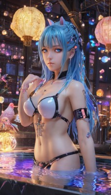 1girl,solo,long hair,breasts,looking at viewer,bangs,blue eyes,multiple girls,hair ornament,navel,2girls,animal ears,cleavage,jewelry,medium breasts,closed mouth,blue hair,standing,swimsuit,braid,bikini,earrings,solo focus,hairclip,indoors,cat ears,water,necklace,collar,bracelet,lips,wet,night,fake animal ears,bird,white bikini,piercing,armlet,wading,partially submerged,fish,lantern,realistic,pool,lamp,arm strap,paper lantern,arm belt,bare shoulders,collarbone,sidelocks,outdoors,choker,belt,artist name,hand up,signature,blunt bangs,stomach,mole,mole under eye,window,black bikini,black choker,building,gem,night sky,buckle,half updo,arm at side,city,nose