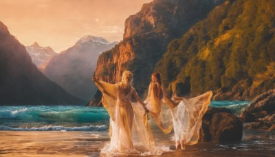 1girl,long hair,short hair,multiple girls,blonde hair,long sleeves,1boy,dress,2girls,standing,red hair,outdoors,sky,barefoot,cloud,wide sleeves,water,from behind,white dress,looking at another,holding hands,ocean,beach,scenery,wading,sunset,robe,rock,mountain,skirt hold,sand,splashing,waves,desert,brown hair,black hair,wings,3girls,hair bun,single hair bun,fairy