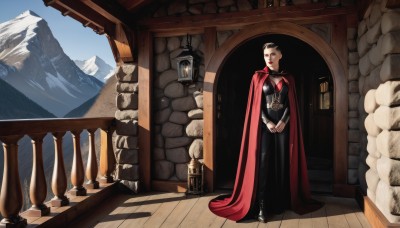 1girl,solo,breasts,short hair,black hair,cleavage,jewelry,standing,earrings,sky,day,cape,black eyes,tattoo,makeup,shadow,own hands together,lipstick,scenery,stairs,mountain,red cape,dress,outdoors,indoors,lantern,realistic,candle