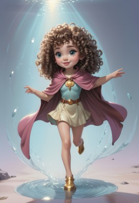 1girl,solo,long hair,looking at viewer,smile,blue eyes,skirt,brown hair,standing,full body,shoes,belt,signature,dark skin,water,cape,dark-skinned female,lips,short dress,sunlight,standing on one leg,white skirt,child,reflection,walking,curly hair,light rays,ripples,puddle,pink cape,dress,brown footwear,standing on liquid,walking on liquid