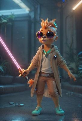 solo,looking at viewer,smile,open mouth,brown hair,shirt,hair ornament,1boy,holding,standing,tail,full body,white shirt,weapon,male focus,open clothes,shoes,glasses,shorts,belt,sword,artist name,indoors,signature,dark skin,hood,holding weapon,orange hair,blurry,coat,blurry background,facial hair,holding sword,sunglasses,dark-skinned male,plant,spiked hair,goggles,sneakers,open coat,round eyewear,male child,brown pants,tinted eyewear,brown coat,brown shorts,glowing weapon,energy sword,leg hair,glowing sword,lightsaber,jewelry,teeth,necklace,watermark,katana,web address,buck teeth,aqua footwear,purple-tinted eyewear