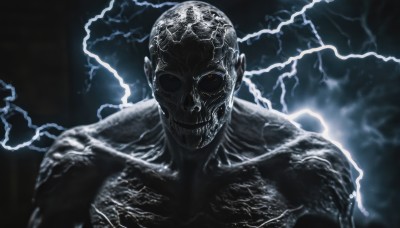 solo,looking at viewer,red eyes,1boy,upper body,male focus,no humans,glowing,veins,monster,realistic,electricity,bald,straight-on,lightning,alien,teeth,portrait