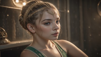 1girl,solo,looking at viewer,short hair,blue eyes,brown hair,bare shoulders,jewelry,closed mouth,indoors,blurry,lips,grey eyes,blurry background,tiara,portrait,freckles,circlet,realistic,nose,blonde hair,collarbone,upper body,hairband,eyelashes