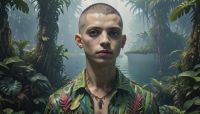 solo,looking at viewer,short hair,shirt,1boy,jewelry,closed mouth,upper body,grey hair,male focus,earrings,outdoors,collared shirt,water,necklace,tree,lips,tattoo,leaf,piercing,plant,portrait,nature,forest,realistic,green shirt,bald,very short hair,hawaiian shirt,blue eyes,makeup,sunlight,freckles,neck tattoo