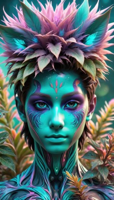 1girl,solo,looking at viewer,short hair,brown hair,1boy,animal ears,brown eyes,closed mouth,flower,male focus,artist name,blurry,lips,eyelashes,makeup,depth of field,blurry background,glowing,colored skin,leaf,facial mark,plant,portrait,eyeshadow,nose,blue skin,eyeliner,facepaint,blue eyes,black hair,hair ornament,watermark,realistic,green skin,straight-on