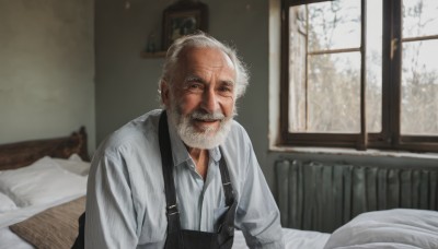 solo,looking at viewer,shirt,long sleeves,1boy,white shirt,upper body,white hair,grey hair,male focus,day,collared shirt,indoors,blurry,black eyes,apron,tree,pillow,window,dress shirt,bed,facial hair,on bed,suspenders,beard,realistic,mustache,overalls,bedroom,old,old man,painting (object),wrinkled skin,smile