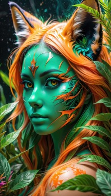 1girl,solo,long hair,looking at viewer,animal ears,closed mouth,yellow eyes,flower,horns,artist name,cat ears,orange hair,lips,orange eyes,animal ear fluff,fox ears,eyelashes,tattoo,makeup,colored skin,leaf,facial mark,plant,slit pupils,portrait,nose,blue skin,green skin,forehead jewel,orange skin,hair ornament,jewelry,multicolored hair,hair flower,blurry,from side,light particles,close-up,freckles,realistic