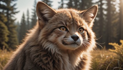 solo,looking at viewer,brown eyes,closed mouth,outdoors,day,blurry,tree,no humans,depth of field,blurry background,animal,cat,grass,plant,nature,forest,realistic,animal focus,whiskers,yellow eyes,signature,portrait,close-up