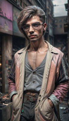 solo,looking at viewer,short hair,blue eyes,brown hair,shirt,1boy,navel,standing,collarbone,jacket,grey hair,male focus,cowboy shot,outdoors,parted lips,open clothes,glasses,belt,pants,blurry,open jacket,lips,coat,buttons,depth of field,blurry background,facial hair,black pants,pectorals,denim,ground vehicle,grey shirt,beard,buckle,black-framed eyewear,jeans,belt buckle,realistic,nose,hands in pockets,round eyewear,mustache,stubble,unbuttoned,midriff peek,partially unbuttoned,chest hair,long sleeves,closed mouth,white shirt,day,collared shirt,artist name,dress shirt,sunglasses,brown belt