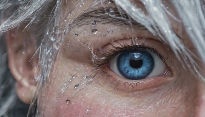 1girl,solo,looking at viewer,bangs,blue eyes,white hair,grey hair,water,blurry,wet,eyelashes,depth of field,portrait,close-up,reflection,water drop,realistic,eye focus,1boy,male focus