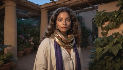 1girl,solo,long hair,looking at viewer,brown hair,black hair,brown eyes,jewelry,closed mouth,upper body,flower,earrings,outdoors,day,dark skin,necklace,scarf,dark-skinned female,lips,leaf,wavy hair,plant,curly hair,robe,hoop earrings,realistic,nose,potted plant,pillar,column,breasts,smile,cleavage,forehead,vines,dreadlocks