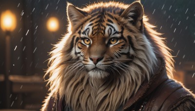 solo,yellow eyes,outdoors,artist name,signature,blurry,no humans,night,depth of field,blurry background,animal,rain,realistic,animal focus,lamppost,whiskers,tiger,looking at viewer,closed mouth,jacket,upper body,necklace,portrait,close-up,light