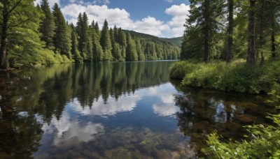 outdoors,sky,day,cloud,water,tree,blue sky,no humans,cloudy sky,grass,nature,scenery,forest,reflection,mountain,river,landscape,lake,reflective water