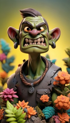 solo,looking at viewer,smile,open mouth,black hair,1boy,jewelry,upper body,flower,male focus,earrings,teeth,pointy ears,necklace,orange eyes,torn clothes,colored skin,tank top,pink flower,green skin,dog tags,orange flower,mohawk,orc,tusks,goblin,shirt,collarbone,sleeveless,artist name,grin,blurry,blurry background,sharp teeth,clenched teeth,colored sclera,bald,torn shirt,yellow sclera