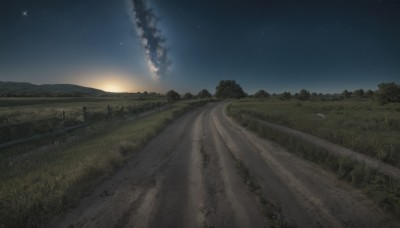 outdoors,sky,cloud,tree,no humans,night,grass,ground vehicle,star (sky),nature,night sky,scenery,forest,smoke,starry sky,mountain,road,landscape,hill,sunset,field,path