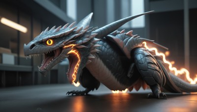 HQ,solo,open mouth,tail,yellow eyes,teeth,tongue,indoors,blurry,orange eyes,no humans,blurry background,glowing,fangs,fire,sharp teeth,glowing eyes,claws,spikes,monster,dragon,scales,kaijuu,colored sclera,black sclera,dinosaur