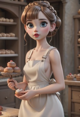 1girl,solo,breasts,looking at viewer,blush,short hair,bangs,blue eyes,brown hair,holding,bare shoulders,jewelry,medium breasts,collarbone,braid,earrings,small breasts,parted lips,food,teeth,indoors,hair bun,nail polish,mole,blurry,apron,lips,sideboob,fruit,depth of field,blurry background,holding food,white apron,freckles,cake,red lips,crown braid,naked apron,kitchen,cupcake,pastry,pie,standing,cowboy shot,blunt bangs,makeup,lipstick,bandaid,french braid,braided bun,sweets,lipgloss