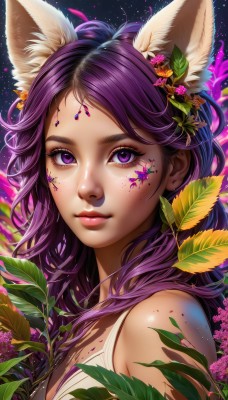 1girl,solo,long hair,breasts,looking at viewer,smile,bangs,hair ornament,animal ears,bare shoulders,closed mouth,purple eyes,upper body,purple hair,flower,multicolored hair,sleeveless,artist name,hair flower,from side,lips,animal ear fluff,fox ears,eyelashes,makeup,leaf,watermark,facial mark,plant,lipstick,portrait,web address,freckles,pink lips,realistic,nose,mascara,cleavage,jewelry