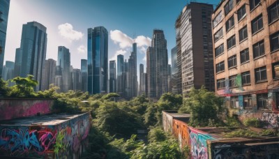 outdoors,sky,day,cloud,tree,blue sky,no humans,window,sunlight,cloudy sky,plant,ground vehicle,building,scenery,motor vehicle,city,car,road,cityscape,ruins,skyscraper,graffiti,overgrown,real world location,post-apocalypse