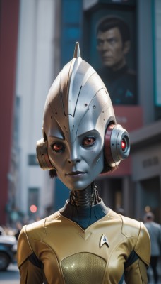 1girl,looking at viewer,short hair,black hair,red eyes,1boy,upper body,parted lips,multiple boys,solo focus,signature,blurry,lips,bodysuit,depth of field,blurry background,colored skin,helmet,robot,ground vehicle,motor vehicle,colored sclera,science fiction,city,realistic,android,cyborg,robot joints,alien,cyberpunk,humanoid robot,uniform,portrait,mecha,serious,bald,very short hair