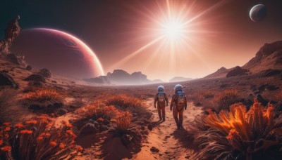 outdoors,multiple boys,sky,2boys,moon,helmet,star (sky),scenery,starry sky,walking,science fiction,sunset,realistic,sun,space,multiple others,planet,alien,ambiguous gender,earth (planet),spacecraft,spacesuit,desert,space helmet,astronaut,multiple girls,2girls,blue hair,standing,flower,bag,from behind,holding hands,backpack,grass,1other,field,wide shot,2others