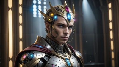 HQ,1girl,solo,looking at viewer,short hair,blue eyes,brown hair,1boy,jewelry,closed mouth,upper body,male focus,earrings,indoors,dark skin,cape,armor,blurry,lips,blurry background,helmet,crown,gem,portrait,science fiction,realistic,nose,red cape,very short hair,blonde hair