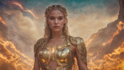 1girl,solo,long hair,breasts,looking at viewer,blonde hair,brown eyes,jewelry,medium breasts,upper body,braid,earrings,outdoors,parted lips,sky,cloud,armor,lips,facial mark,cloudy sky,fire,shoulder armor,pauldrons,breastplate,mountain,realistic,nose,bikini armor,molten rock,scar,fantasy,laurel crown