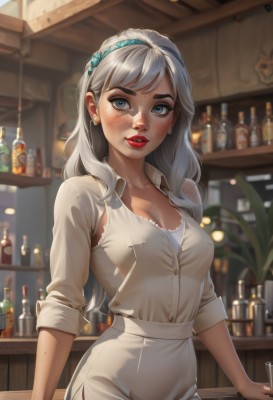 1girl,solo,long hair,breasts,looking at viewer,blush,bangs,blue eyes,skirt,shirt,cleavage,jewelry,medium breasts,underwear,standing,collarbone,white shirt,white hair,grey hair,cowboy shot,hairband,earrings,parted lips,collared shirt,pants,artist name,indoors,signature,nail polish,bra,blurry,cup,lips,grey eyes,eyelashes,makeup,buttons,depth of field,blurry background,thick eyebrows,white skirt,bottle,plant,alcohol,sleeves rolled up,drinking glass,freckles,high-waist skirt,realistic,nose,red lips,stud earrings,blue hairband,partially unbuttoned,wine bottle,mascara,bar (place),bra peek,counter,body freckles,long sleeves,dress,teeth,white dress,lipstick