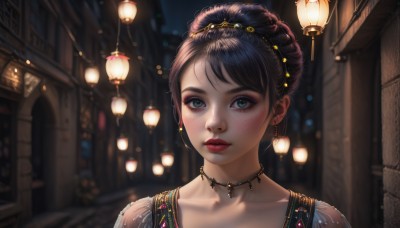 1girl,solo,looking at viewer,short hair,bangs,brown hair,black hair,hair ornament,jewelry,green eyes,collarbone,braid,earrings,outdoors,parted lips,choker,artist name,necklace,hair bun,mole,blurry,lips,see-through,eyelashes,mole under eye,makeup,night,depth of field,blurry background,lipstick,portrait,eyeshadow,freckles,lantern,realistic,nose,red lips,mascara,mole on cheek,blue eyes,closed mouth,gem,eyeliner