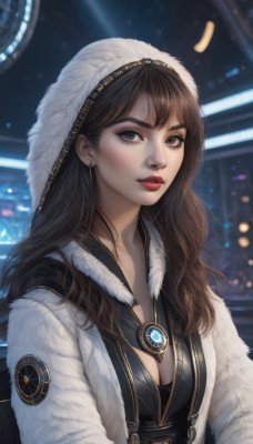 1girl,solo,long hair,breasts,looking at viewer,bangs,brown hair,black hair,hat,cleavage,jewelry,medium breasts,jacket,upper body,earrings,parted lips,open clothes,hood,blurry,black eyes,lips,coat,grey eyes,fur trim,eyelashes,makeup,blurry background,white headwear,lipstick,brooch,gem,freckles,realistic,nose,red lips,brown eyes,closed mouth,artist name,necklace,thick eyebrows,eyeshadow,hood up,open coat,white coat,eyeliner,hooded coat,mascara