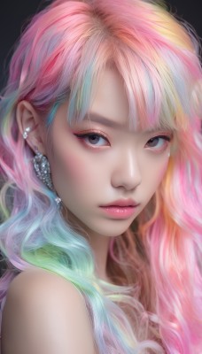 1girl,solo,long hair,looking at viewer,bangs,blonde hair,simple background,bare shoulders,jewelry,closed mouth,blue hair,upper body,pink hair,multicolored hair,earrings,black eyes,two-tone hair,lips,eyelashes,aqua hair,gradient hair,makeup,lipstick,black background,portrait,eyeshadow,realistic,nose,rainbow hair,brown eyes,green hair,grey eyes,wavy hair,mascara