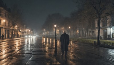 solo,black hair,1boy,standing,male focus,outdoors,sky,pants,water,from behind,tree,coat,dutch angle,night,ground vehicle,building,night sky,scenery,reflection,black coat,city,car,road,dark,lamppost,bare tree,street,puddle,window,star (sky),1other,rain,fence,house,ambiguous gender,pavement,reflective water