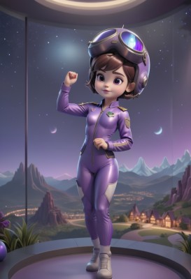 1girl,solo,breasts,smile,short hair,brown hair,long sleeves,brown eyes,closed mouth,standing,purple eyes,full body,small breasts,outdoors,sky,shoes,artist name,lips,bodysuit,night,moon,helmet,goggles,star (sky),night sky,zipper,starry sky,goggles on head,mountain,grey footwear,crescent moon,purple bodysuit,spacesuit,looking at viewer,watermark,white footwear,grass,sneakers