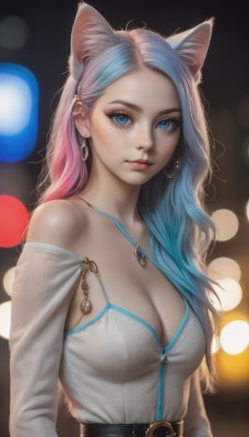 1girl,solo,long hair,breasts,looking at viewer,blue eyes,large breasts,shirt,long sleeves,animal ears,cleavage,bare shoulders,jewelry,medium breasts,closed mouth,blue hair,white shirt,upper body,pink hair,multicolored hair,earrings,belt,artist name,cat ears,necklace,off shoulder,blurry,two-tone hair,lips,animal ear fluff,fox ears,eyelashes,gradient hair,makeup,depth of field,blurry background,piercing,ear piercing,forehead,buckle,o-ring,eyeshadow,hoop earrings,belt buckle,realistic,nose,eyeliner,bokeh,mascara,bangs,signature,wavy hair,expressionless,extra ears,pendant,off-shoulder shirt,red lips