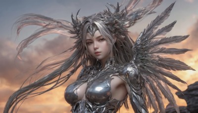 1girl,solo,long hair,breasts,looking at viewer,large breasts,hair ornament,cleavage,medium breasts,closed mouth,upper body,grey hair,outdoors,wings,sky,cloud,armor,blurry,lips,grey eyes,clothing cutout,floating hair,cleavage cutout,cloudy sky,feathers,head wings,shoulder armor,pauldrons,circlet,realistic,very long hair,parted lips,blurry background,expressionless,wind,feathered wings,headpiece,nose,shoulder pads,valkyrie