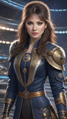 1girl,solo,long hair,breasts,looking at viewer,brown hair,long sleeves,brown eyes,jewelry,closed mouth,standing,cowboy shot,earrings,belt,pants,armor,lips,coat,fur trim,makeup,lipstick,shoulder armor,pauldrons,gold trim,hoop earrings,breastplate,realistic,nose,red lips,blue coat,bangs,upper body,weapon,artist name,necklace,parted bangs,gem,serious