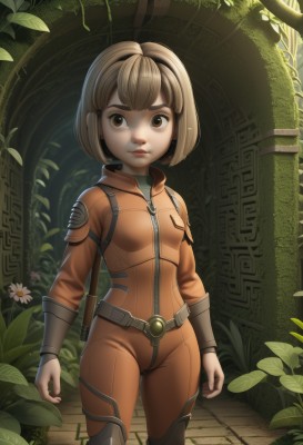 1girl,solo,breasts,looking at viewer,short hair,bangs,blonde hair,brown hair,brown eyes,closed mouth,standing,flower,cowboy shot,hairband,small breasts,belt,artist name,lips,bodysuit,bob cut,thick eyebrows,plant,white flower,zipper,science fiction,jumpsuit