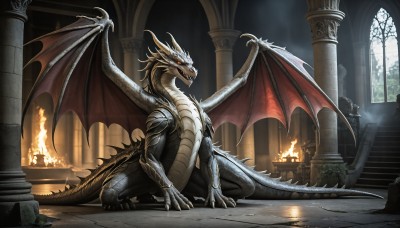 HQ,open mouth,red eyes,tail,wings,horns,teeth,indoors,orange eyes,no humans,window,glowing,fangs,fire,sharp teeth,glowing eyes,claws,dragon horns,monster,stairs,dragon,dragon tail,scales,ruins,pillar,statue,dragon wings,church,arch,column,breathing fire,spikes,fantasy,flame