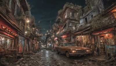 outdoors,sky,water,tree,no humans,window,night,plant,ground vehicle,building,star (sky),night sky,scenery,motor vehicle,starry sky,lantern,city,sign,flag,car,road,cityscape,bridge,power lines,lamppost,street,pavement,broken window,potted plant,lamp,dark,vehicle focus,vanishing point