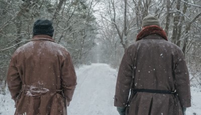 black hair,gloves,long sleeves,hat,standing,weapon,male focus,outdoors,multiple boys,black gloves,2boys,from behind,scarf,tree,coat,gun,military,nature,snow,forest,red scarf,military hat,snowing,hands in pockets,winter clothes,facing away,winter,brown coat,bare tree,short hair,japanese clothes,scenery,beanie,brothers